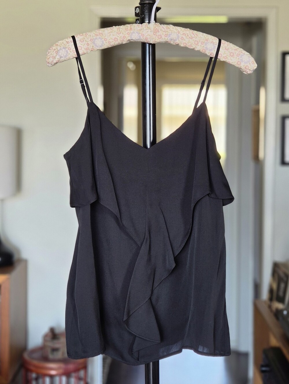 Theory Black Ruffled Camisole with Adjustable Straps